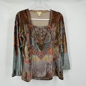 Womens Boho Velvet Top Size PL Paisley Square Neck Art To Wear Hippie Earthy